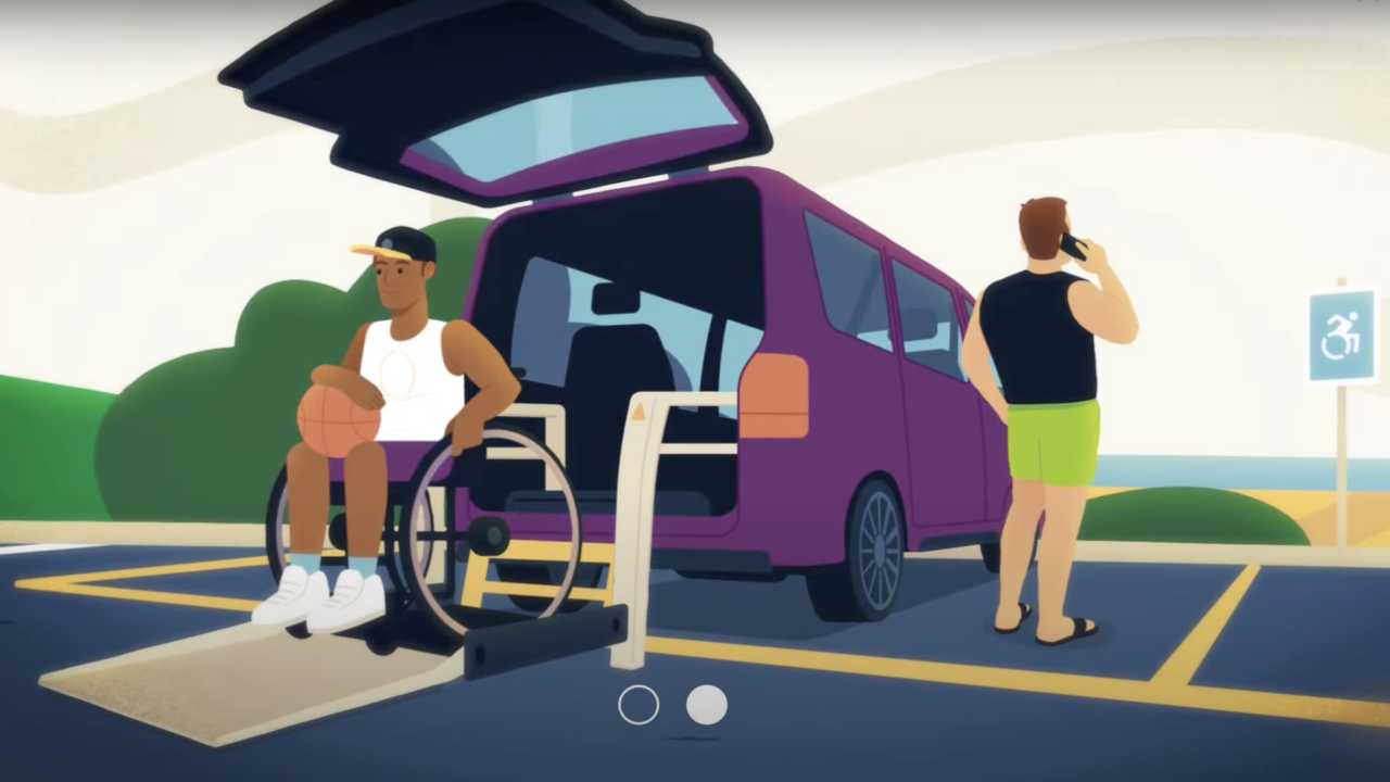 Illustration of a wheelchair user on a wheelchair van hoist with his support worker not paying attention and talking on his phone.